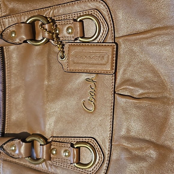 Coach Ashley Shimmery Tan Or Metallic Gold Bronze Leather Script Satchel F15447 - Picture 2 of 12